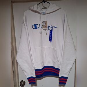 Champion White Hoodie with Blue Logo and Red Accents